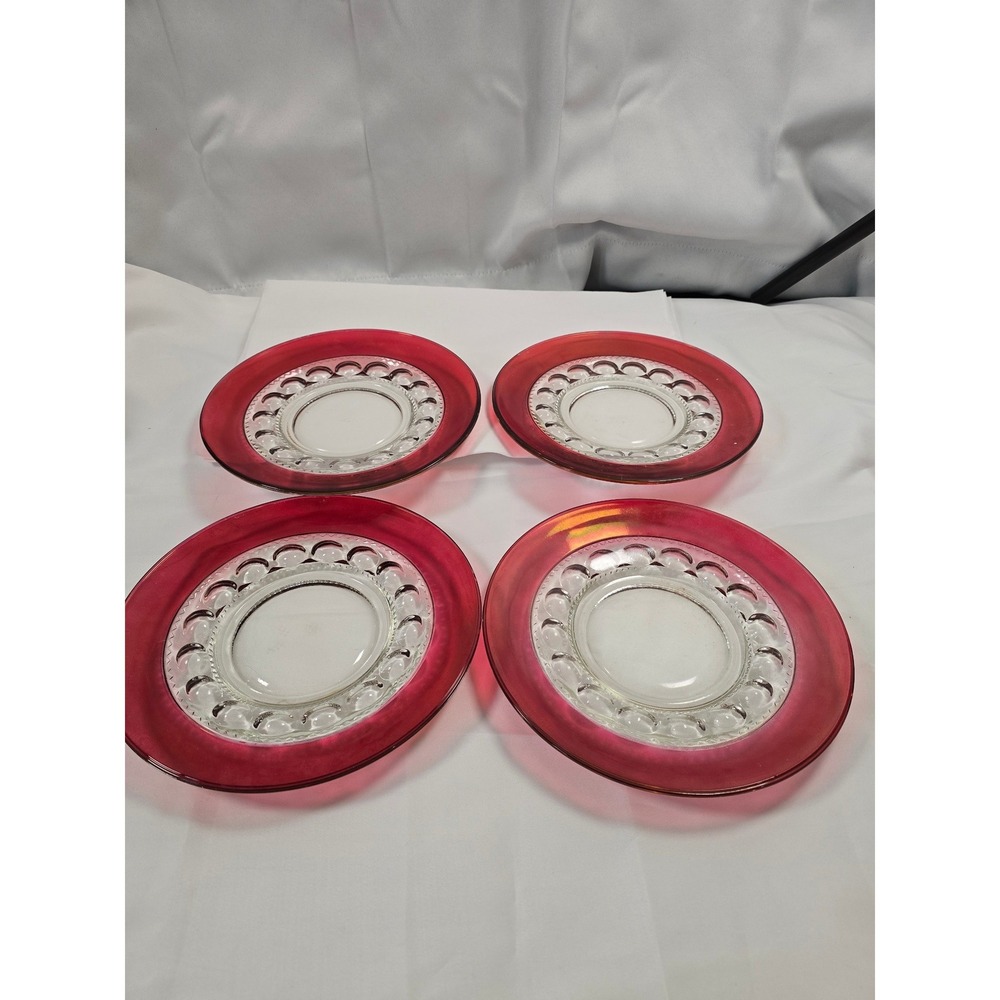 Vintage Ruby Red Flashed Glass Thumbprint Lunch Plates Set‎ of 4 8 inch